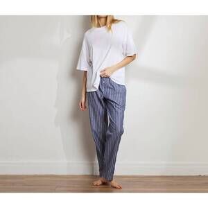NEW THE SLEEP CODE unisex striped cotton boyfriend pant in denim stripe